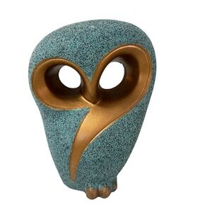 Sand Art Pottery Owl Figurine Teal Gold 6 1/2" tall